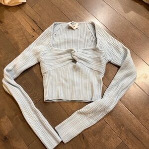 Princess Polly Light Blue Ribbed Knot-Front Long Sleeve Crop Top